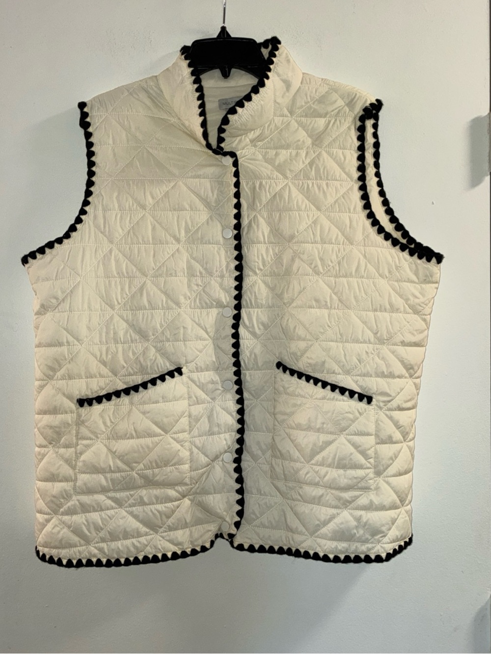 Multiples Cream Quilted‎ Vest with Black Trim Accents